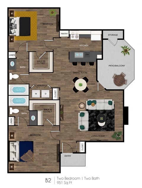 A floor plan of a two bedroom apartment with two bathrooms.